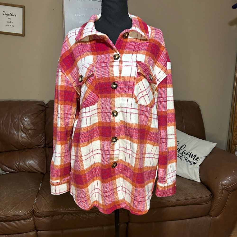 Red and White Plaid Button-Up Shirt size large